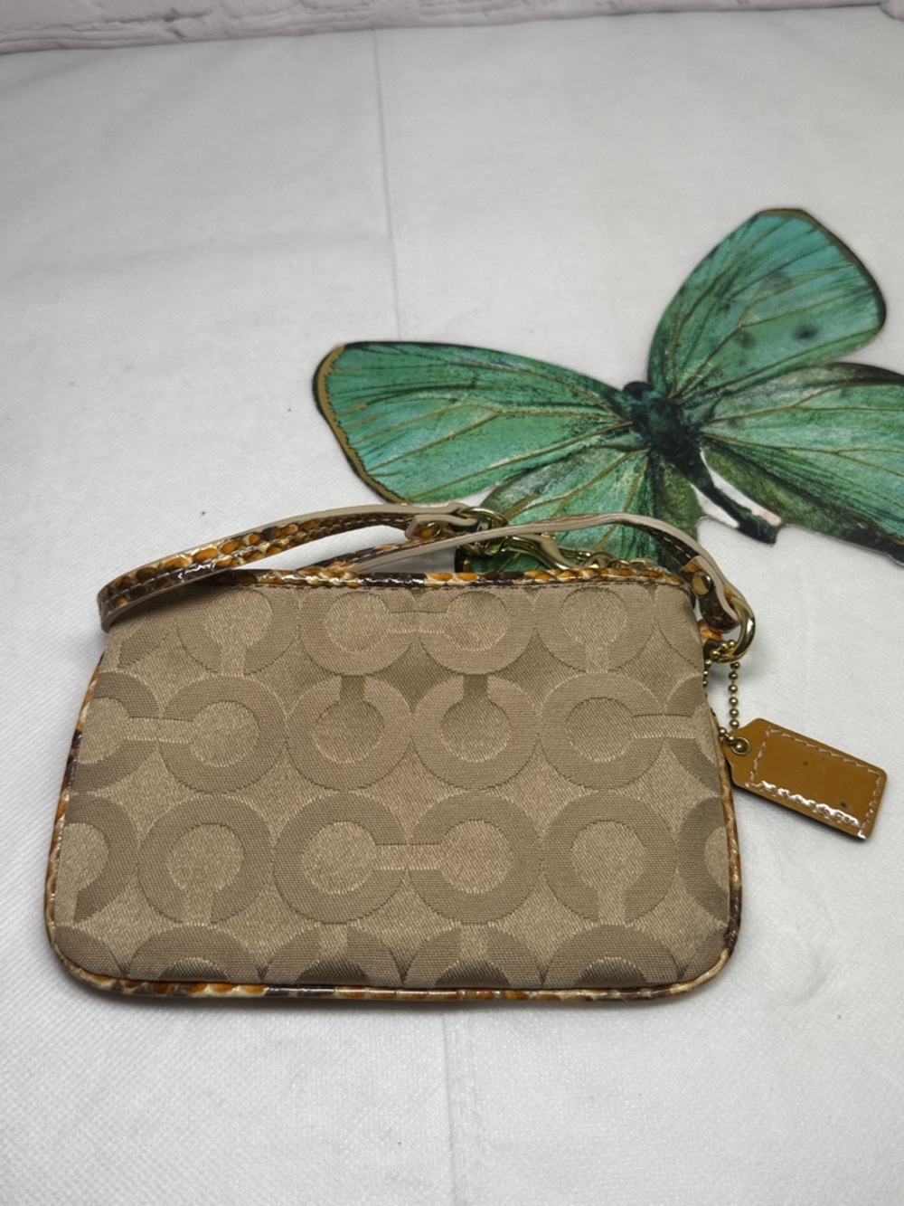 EUC Coach Tan Signature Wristlet with Snakeskin Trim Khaki Signature C Canvas - Picture 7 of 12